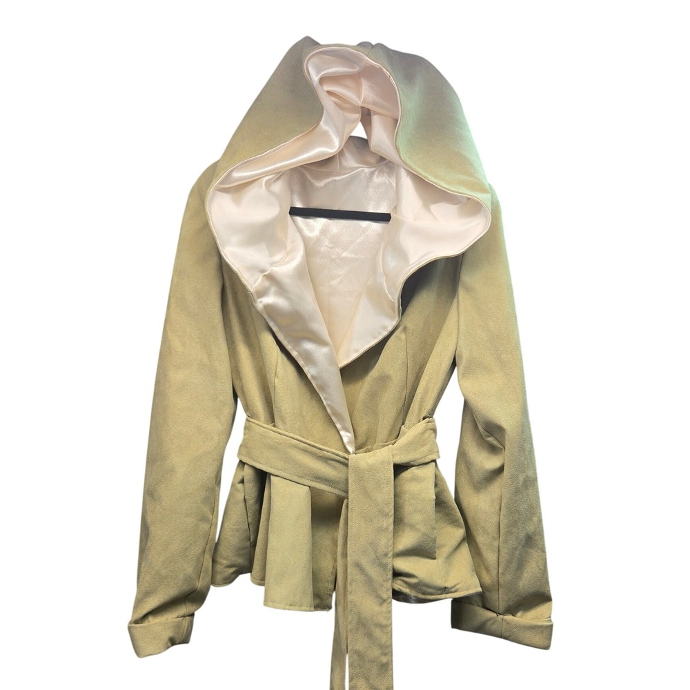 Hooded Wrap Drape Coat Duster Women S Sage Satin Lined Belted Flared Waterfall